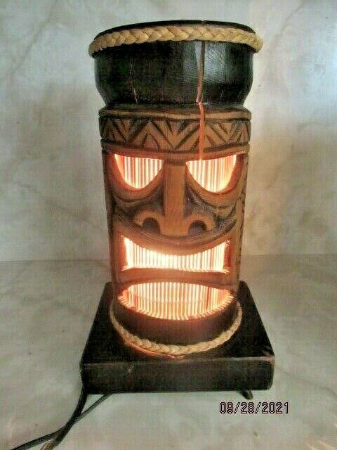 Vintage Mcm Carved Wood Bamboo Hawaiian  Retro Tiki God Light Lamp 10"